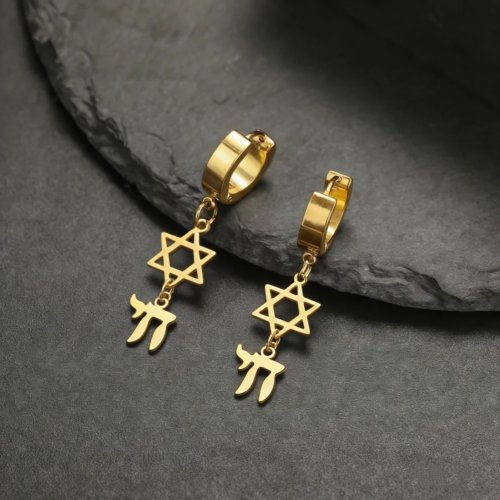 Créoles pendentif Étoile de David Chai - Bijoux juifs en acier inoxydable pour homme et femme, cadeau