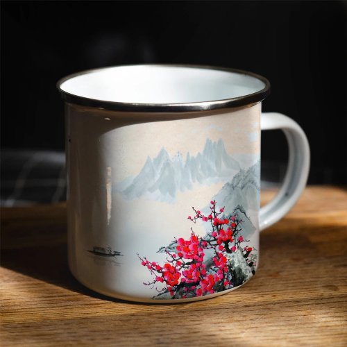 Mug Kopi Enamel 11oz Desain Gunung Fuji dan Bunga Sakura Jepang, Kado Ulang Tahun untuk Sahabat di Kantor