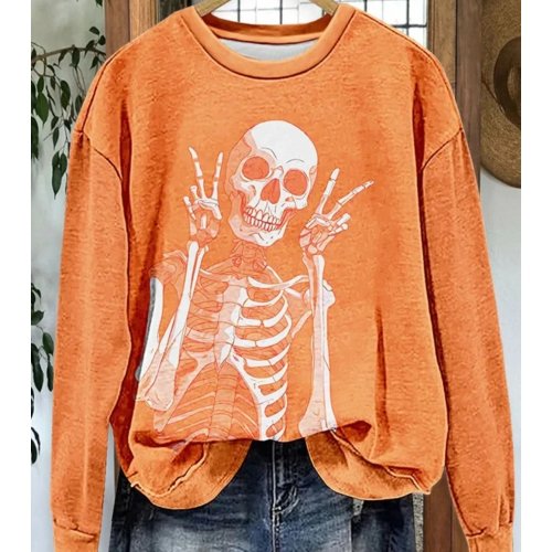 Áo Dài Tay Nữ In Halloween Xương Cử Chỉ Hòa Bình Cổ Tròn Mùa Thu Lễ Hội Quà Tặng Mặc Hàng Ngày