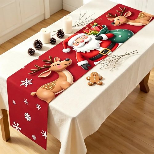 1 stuk Kerst tafelloper, 2D plat polyester Kerstman Rendier rechthoekig voor thuis keuken feest decoratie