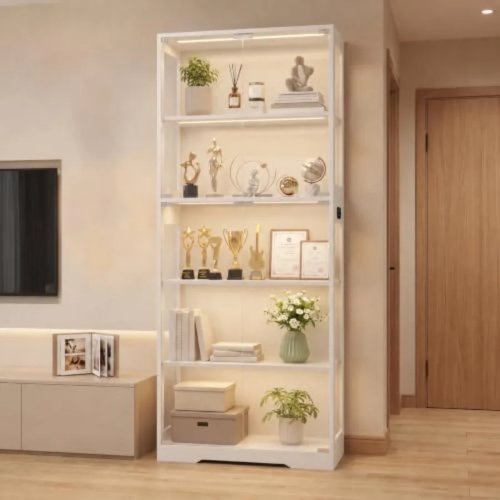 Display Cabinet with Glass Doors, LED Lights Motion Sensor for Living Room, Wood Finish, White, Modern Minimalist Design