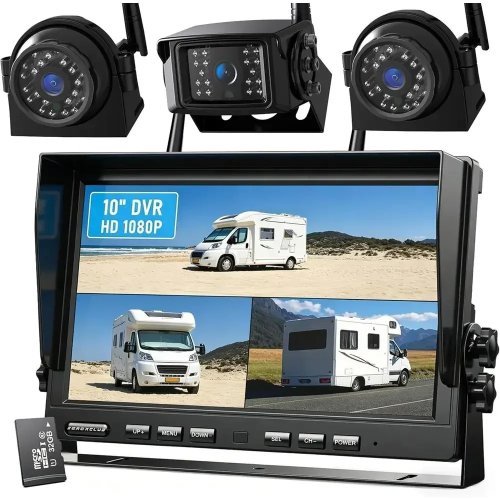 1080P ワイヤレスバックカメラシステム 10インチDVR 3分割モニター IP69防水 安定した信号 録画 後方カメラ1台+2台