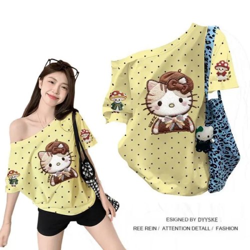 Kaos Wanita Hello Kitty Katun Murni Lengan Pendek 2026 Musim Panas Baru Longgar Retro Polka Dot Bahu Miring