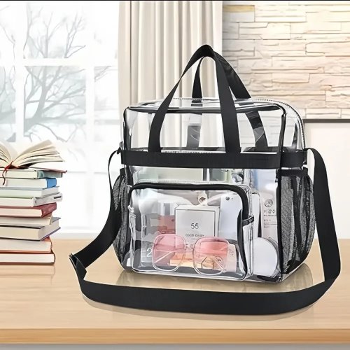 Clear Heavy Duty PVC Tote Bag – Stadium Approved Transparent Crossbody Purse with Mesh Pockets for Work, Security, Concerts & Travel
