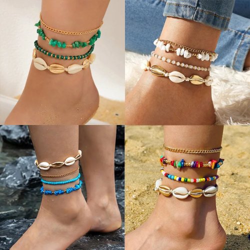 Shell Jewelry, Beach-Style Woven Multi-Layer Anklet, Conch and Scallop Anklet Set