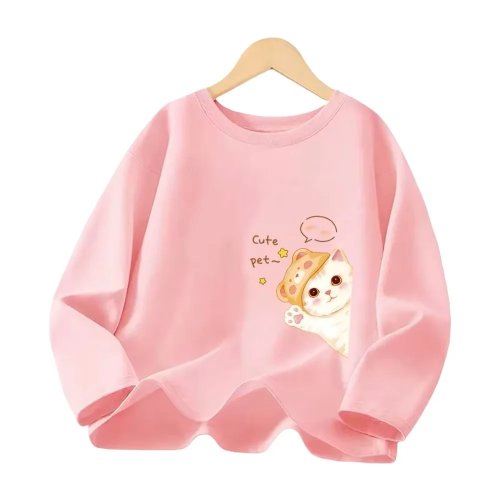 かわいい猫柄長袖Tシャツ – ゆったりコットン素材のカートゥーン動物プリントトップス、春・秋の普段着に