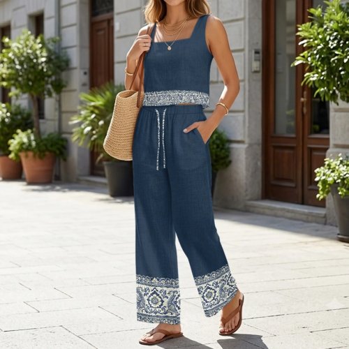 Set áo vest linen và quần ống rộng nữ INSTANTARTS, nhẹ, thoáng khí, mềm mại, thoải mái, nhanh khô, retro
