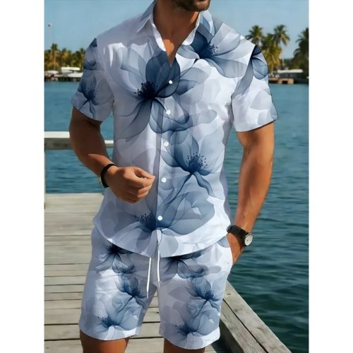 Men's Summer Floral Shirt & Shorts Set – Lightweight Breathable Polyester Beach Vacation Outfit, Blue White