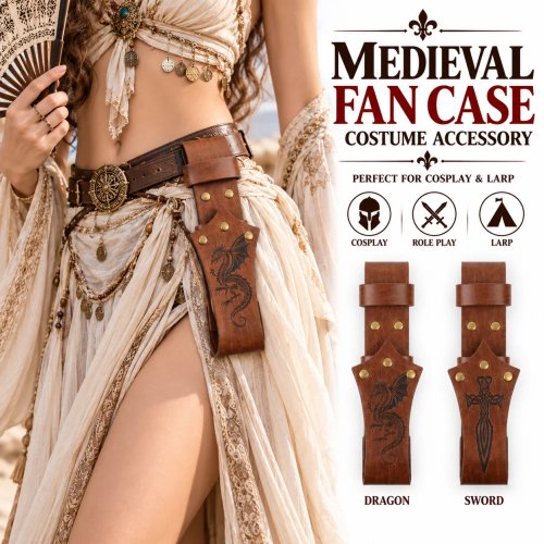 Soporte para abanico de cintura medieval grabado para cosplay de Halloween, funda de abanico de cuero PU, accesorio de disfraz