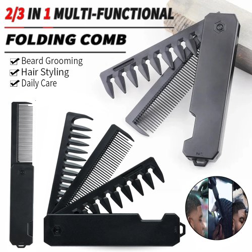 Sisir Lipat Portable 3-in-1 untuk Barber/Clipper, Sisir Gigi Lebar, Sisir Minyak Kepala, Sisir Jenggot Mini, Alat Styling Salon