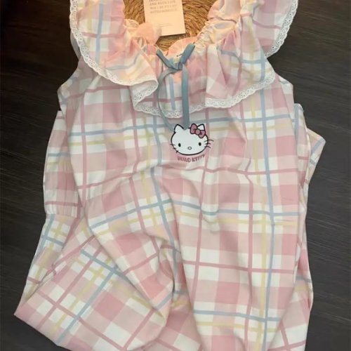 New Hello Kitty Pink Sanrio Sleeping Skirt for Women - Breathable Skin-Friendly Summer Home Outfit with Chest Cushion