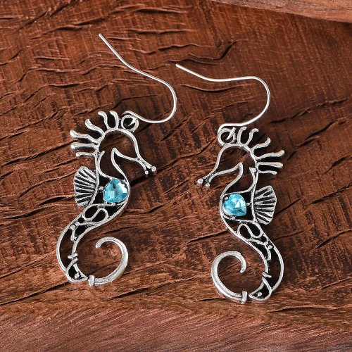 Blue Gemstone Seahorse Hollow Design Earrings – Fashionable & Creative