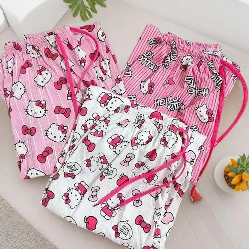 Pantalones de Dormir Hello Kitty Rosa para Mujer Primavera Verano Delgados Sanrio Pantalones de Casa Pantalones de Paseo Lindos Casual Sueltos Moda Callejera