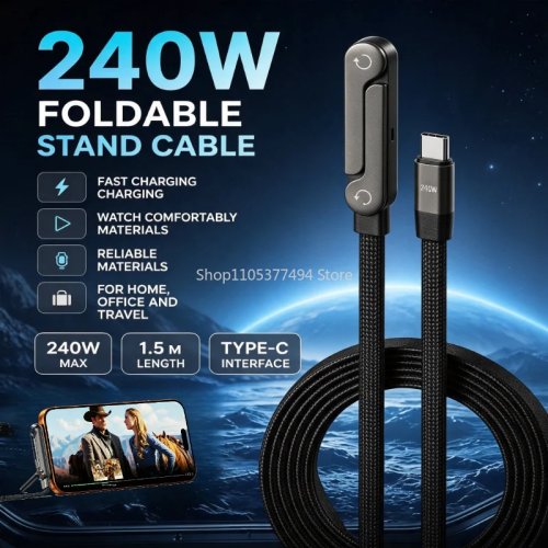 240W 2-in-1 USB-C to USB-C Fast Charging Data Cable with Foldable Desktop Holder for iPhone 17/16 and Samsung