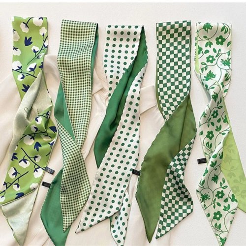 Women's Long Skinny Satin Scarf - Green Thin Hair Band Neck Scarf Ribbon Bag Wrap Decorative Versatile Fashion Accessory for Daily Wear