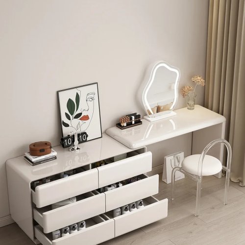 Lemari Laci Kayu Solid dengan Meja Rias Terintegrasi, Furnitur Kamar Tidur, Cat Mewah Ringan