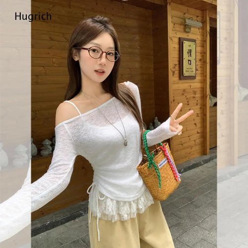 Casual Two-Piece Layered Blouse and Camisole Set - Off Shoulder Long Sleeve See Through Lace Flounce Hem