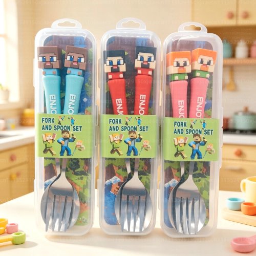 Pixel Block World Theme Spoon & Fork Cutlery Set – Stev & Allex Stainless Steel Reusable Portable Tableware, Birthday Christmas Gift