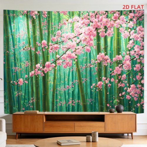 Stunning Sakura Cherry Blossom Bamboo Forest Wall Tapestry, Polyester Photo Mural Print, Luxury Home Wall Art Decor
