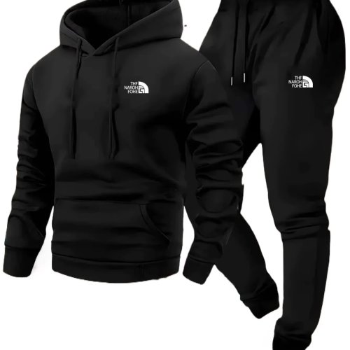 Men's Autumn/Winter Printed Casual Two-Piece Set: Hooded Sweatshirt and Pocketed Trousers, Regular Fit Outdoor Sportswear