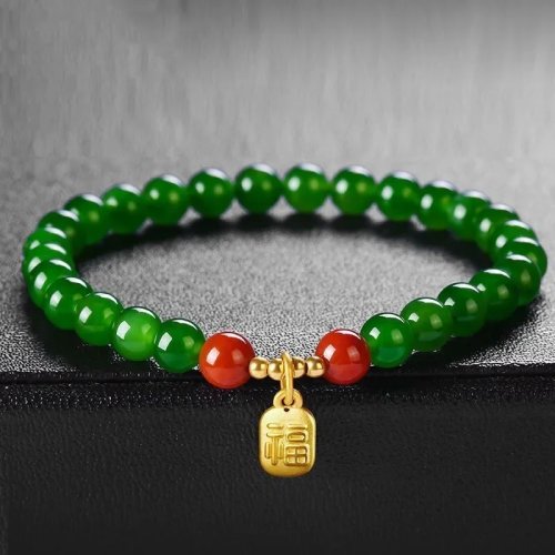 Pulseira de contas de jade verde natural – Amuleto da sorte esculpido à mão, joia de jadeíte para mulher e homem