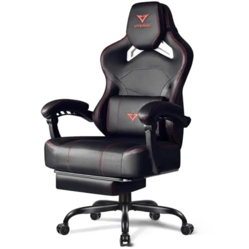 XXL Gaming Stoel voor Thuiswerkplek, Premium PU Leer, Zwart, tot 181 kg met Uitschuifbare Voetsteun en Lendensteun