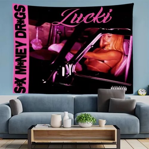 Tapiz Portada de Álbum Lucki Style, Mujer Glamorosa en Coche Retro, Decoración de Pared para Dormitorio Residencia Hip Hop Regalo
