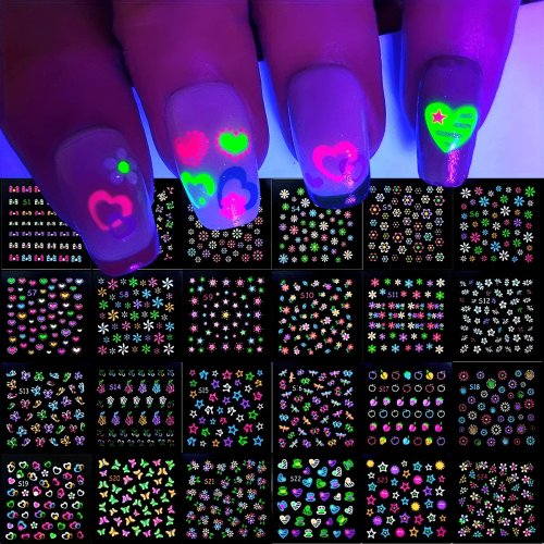 30 Sheets 3D Glow in the Dark Neon Nail Stickers – Glitter Self-Adhesive Nail Art Decals with Butterfly & Heart