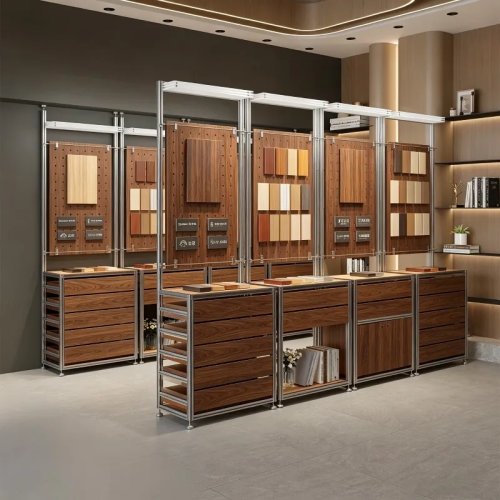 Expositor de chão ZS-3 em alumínio com armário light box, Jinsi Walnut, contentor de exposição comercial para amostras