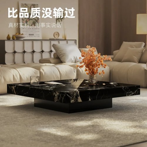 J13 Light Luxury Marble Coffee Table – Square High-End Wabi-Sabi Tea Table with Suspended Box Base for Living Room