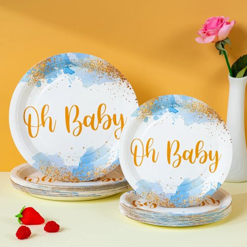 Pratos de papel descartáveis Oh Baby, pratos de papel azuis e dourados para baby shower e celebrações, artigos para festas