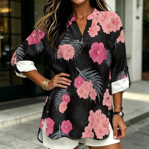 PENSTROLL Rosa Tropische Blumen Langarm-Bluse – Leinen-Look, Ärmel zum Aufrollen, für Damen S–5XL