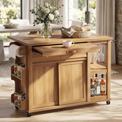 Kitchen Island Cart on Wheels with Storage, Charging Station, Drop Leaf and 2 Drawers