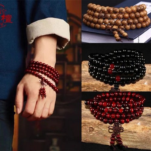Bracelet Collier Mala 108 Perles de Prière Bois de Santal Chinois Naturel 6mm Rosaire Bouddhiste Élastique Amulette de Chance