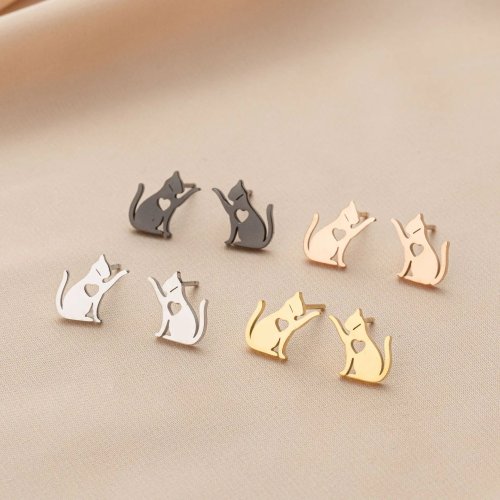 Korean Style Stainless Steel Cute Simple Cat Stud Earrings – INS Personalized Versatile Hollow Heart Earrings