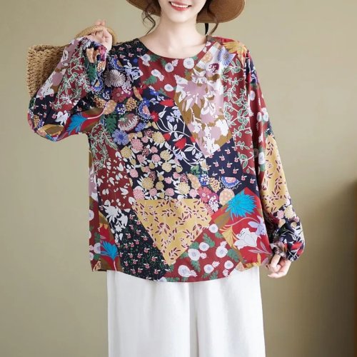 Women's Plus Size Retro Print Long Sleeve Top Spring Autumn Loose Round Neck Cotton Blouse for Mom