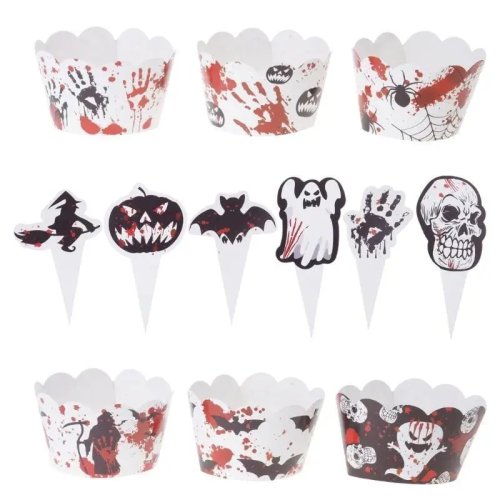 Halloween Cupcake Toppers and Wraps, Mini Pumpkin Skull Bat Cake Decorations, Party Supplies