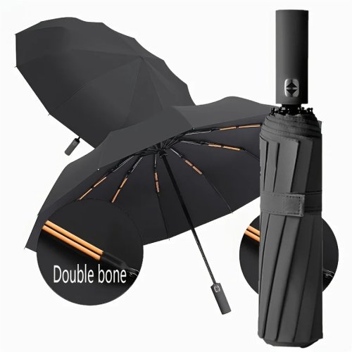 Guarda-Chuva Automático de 3 Dobras Preto, 12 Varas, Proteção UV
