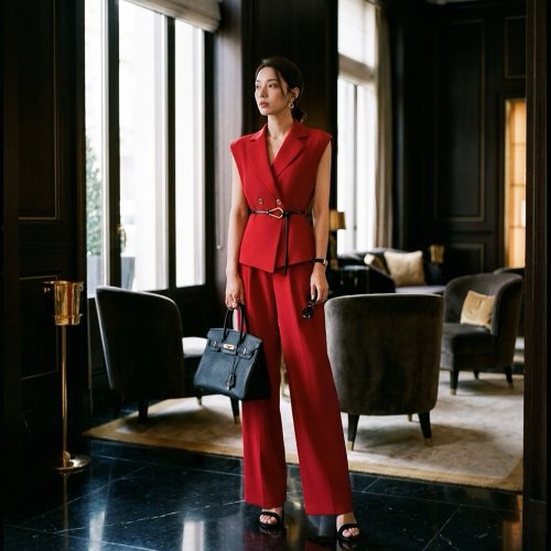 Conjunto de 2 Peças Feminino Colete Sem Mangas Cruzado e Calças de Pernas Largas Cintura Alta Luxo Vermelho