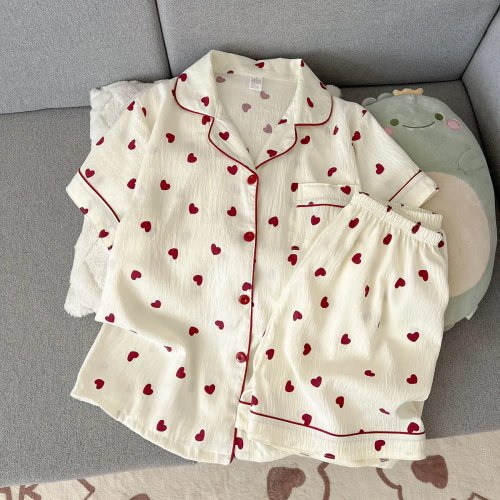 Dames zomer dunne pyjama met hartvormige korte mouwen en korte broek, lief en schattig, kan buiten gedragen worden, 2-delige set