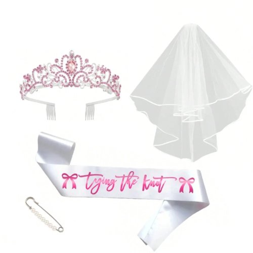 1/2/4 pzas. Banda de compromiso rosa 'Tying The Knot', corona, velo y perlas, accesorios de boda para despedida de soltera y bridal shower