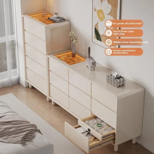 Kabinet Laci 9 Gaya Prancis Krem untuk Kamar Tidur, TV Dinding Panjang di Kaki Tempat Tidur, Lemari Perhiasan