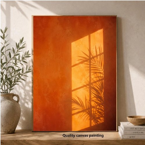 Orange Window Light Canvas Wall Art - Palm Leaf Shadow Tropical Minimalist Decor for Living Room, Bedroom, Porch