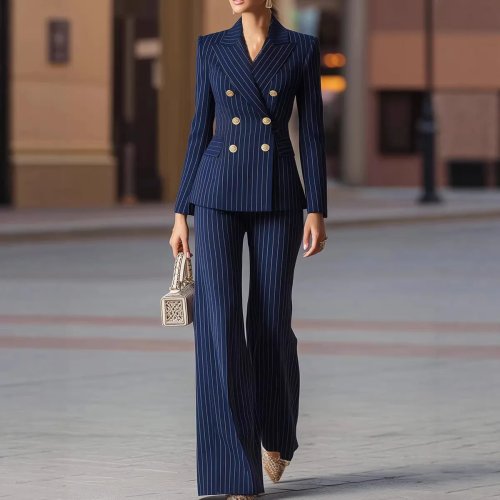 Damen Nadelstreifen-Blazer mit doppelreihiger Knopfleiste & Anzughose 2026, 2-teiliges Set – schlank machend, elegant, Business