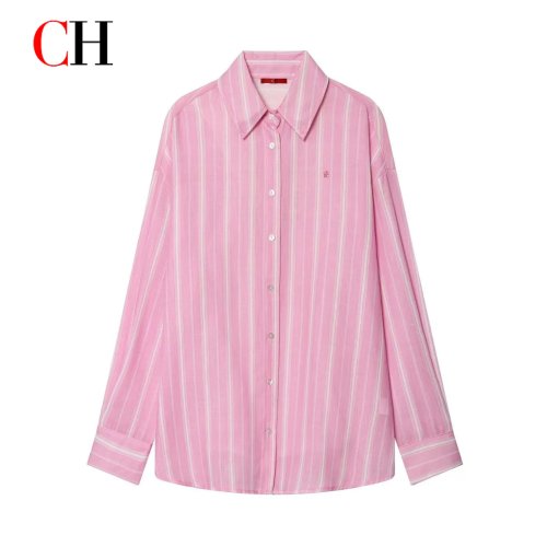 CH Logo Embroidered Striped Two Piece Set Women Long Sleeve Shirt Midi Skirt Soft Sweet Casual Daily Outfit