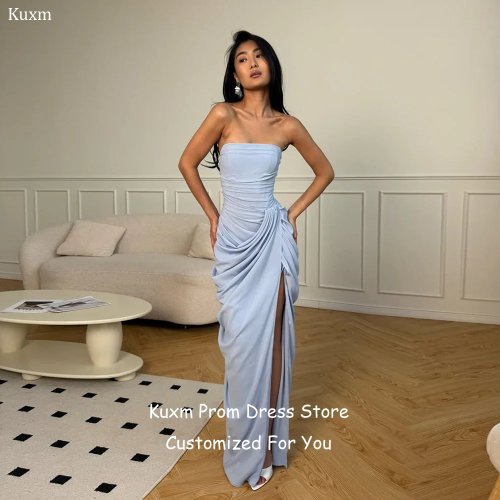 Kuxm Elegant Evening Dresses Women Strapless High Slit Formal Backless Prom Gowns Sleeveless Floor Length Dress Customized