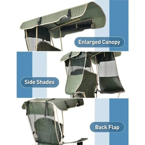 Adult Folding Camping Chair with Canopy & Side Pocket, 330 lb Capacity, Outdoor Beach Fishing Chair for Travel and Picnic