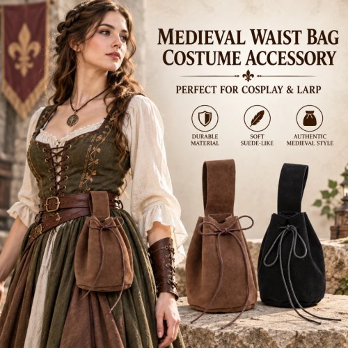 Halloweenowa średniowieczna sakiewka na pasek ze sznurkiem, vintage zamszowa torba na pasek, akcesorium do kostiumu LARP cosplay na imprezę