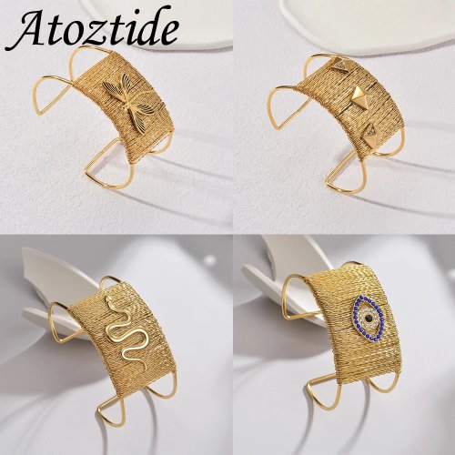 Pulsera Atoztide Ancha Calada Tejida para Mujer Hombre, Acero Inoxidable Color Dorado Ojo Azul Ajustable Vintage Brazalete Joyería Regalo