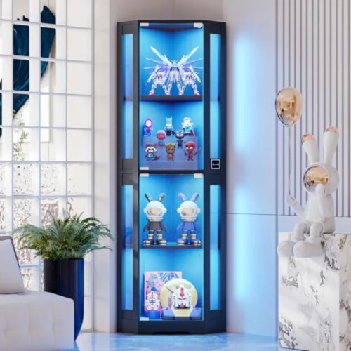 65 Hoekvitrine voor woonkamer, geharde glazen deuren, LED-verlichting, zwarte afwerking, modern strak design met verstelbare planken